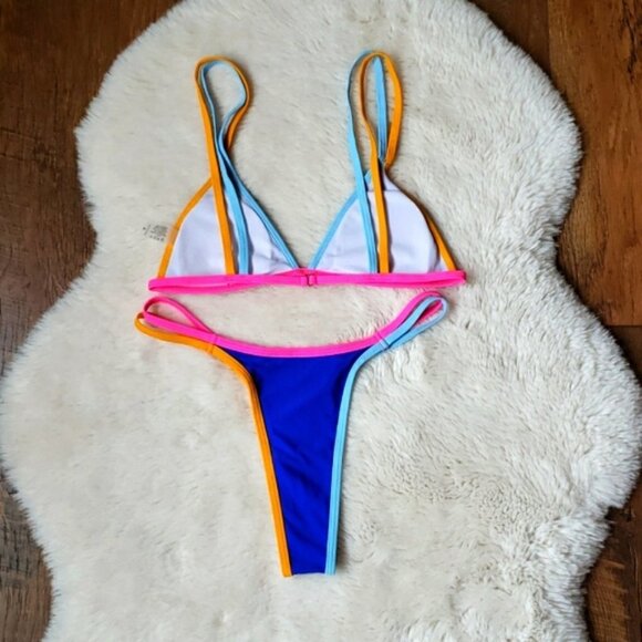 New Sexy Blue Contrast Bralette Bikini Set Swimsuit - Picture 6 of 7